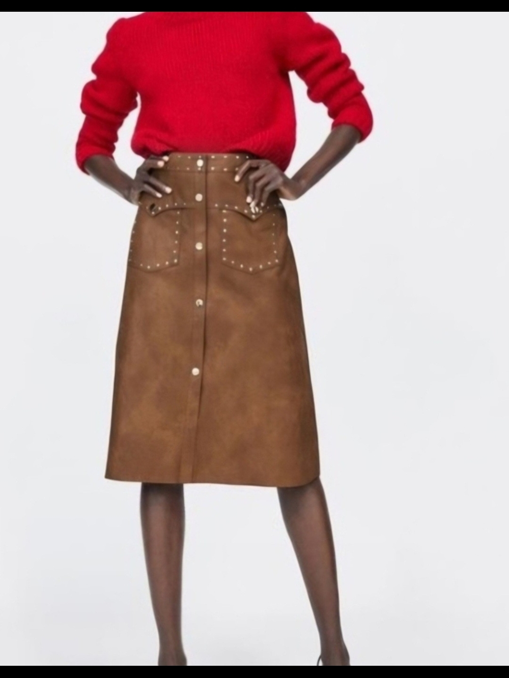 Zara Brown Stud-Trim A-Line Midi Skirt